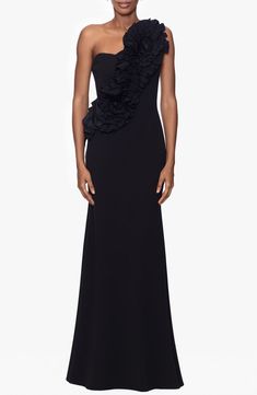 Betsy & Adam Rosette One-Shoulder Trumpet Gown | Nordstrom Off The Shoulder Gown Evening Dresses, Elegant One-shoulder Dress With Ruffles For Gala, Elegant One Shoulder Dress With Ruffles For Prom, Floor-length One Shoulder Ruffled Dress For Evening, Floor-length Ruffled One Shoulder Dress For Gala, Formal One Shoulder Floor-length Dress With Ruffles, Mother Of The Bride Dresses Black, Black Mother Of The Bride Dress, Black Tie Bridesmaid Dresses