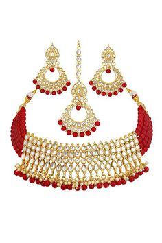 I jewels gold plated kundan & pearl choker set for women is made of alloy. Women love jewellery; specially traditional jewellery adore a women. They wear it on different occasion. They have special importance on ring ceremony, wedding and festive time. They can also wear it on regular basics. Make your moment memorable with this range. This jewel set features a unique one of a kind traditional embellish with antic finish. Product Features:   Color: Red and Gold Material: Alloy Necklace Lengt Fancy Choker, Necklace Combo, Amazon Jewelry, Beautiful Chokers, Traditional Jewellery, Choker Necklace Set, Choker Set, Women's Jewelry Sets, Pearl Choker Necklace