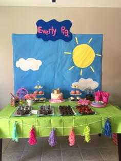 a table topped with lots of desserts and cupcakes on top of it