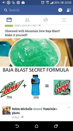 a bowl filled with green liquid next to a bottle of mountain dew