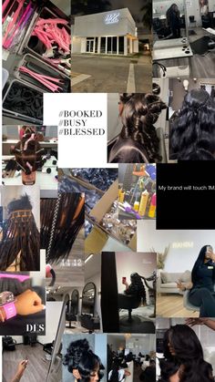 a collage of photos with different types of hair and scissors on them, including the words booed in black