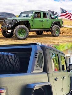 two jeeps side by side with american flags on them