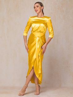 Marigold Satin Wedding Guest Dress, Detachable Dress, Ankle Length Dress, Half Sleeve Dresses, Mother Of The Bride Dress, Satin Wedding, Dress Purchase, Dress Zipper, Satin Material