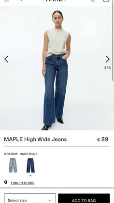 a woman in white shirt and blue jeans on the front page of a store website