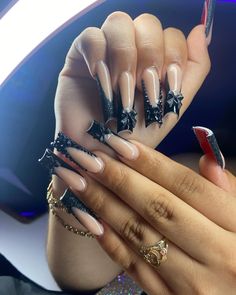 Prom Nail Black, Red Bottom Nail Ideas, Black French Tip Nails With Red Bottoms, Black Girls Nails Ideas, Red Bottom Nails Black, Black Design Acrylic Nails, Black Inspo Nails, Black Nails And Toes, Black Nails Red Bottoms