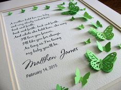 a card with green butterflies on it and a poem written in the middle that reads,