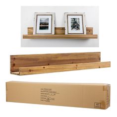 two wooden shelves with pictures on the top and bottom, one is holding a box