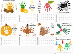 a calendar with different handprints on it and the words happy thanksgiving written in each