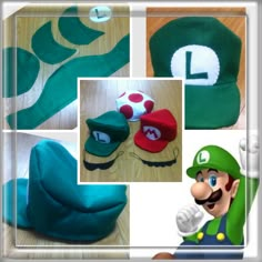 several pictures of mario bros hats and accessories