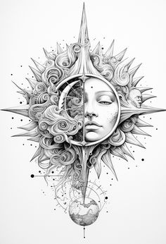 a drawing of a woman's face with the sun and moon in her head