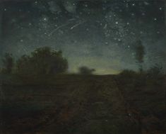 the night sky is lit up by stars above a field with trees and dirt roads