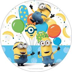 two minion characters are holding balloons in the air