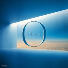 an image of the word year is shown through a circular window in a room with blue walls