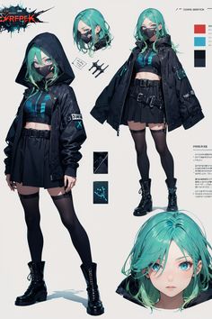 an anime character with green hair and blue eyes wearing black clothes, hoodie and knee high boots