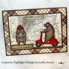 two bears riding on a scooter in front of a map with the words thanks a latte