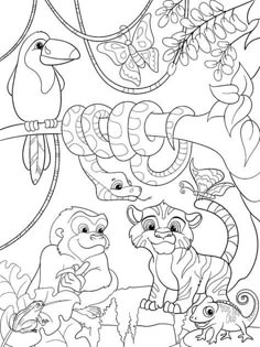 an animal coloring page with animals and plants in the background, including a bird on top of