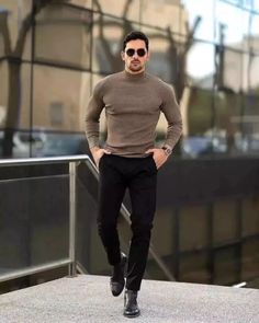 Male Outfits Turtleneck, Bissness Casual Men, Mens Black Business Casual, Mens Brown Turtleneck Outfit, Business Man Casual Outfits, Turtleneck With Jeans Men, Sweater And Suit Men, Mens Fashion Black Jeans, Men Dress Casual Outfits