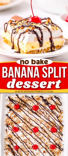 banana split dessert with chocolate drizzle and cherries on the top is shown