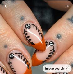 Orange Nail Halloween, Spooky Fall Nails Short, Black White Orange Nails, Fandom Nail Art, Girly Goth Nails, Spooky Spring Nails, October Nail Designs Cute Halloween, Art Deco Nails Designs, Spooky Summer Nails