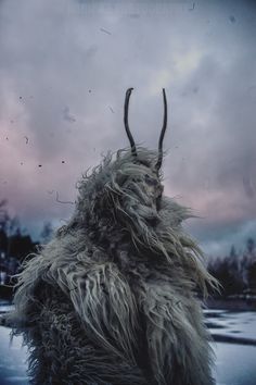 an animal that is standing in the snow with long horns on it's head