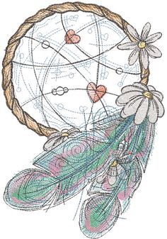 a drawing of a dream catcher with flowers and hearts on it's side, next to a feather