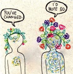 two people with flowers in their heads, one saying you've changed and the other saying i'd hope so