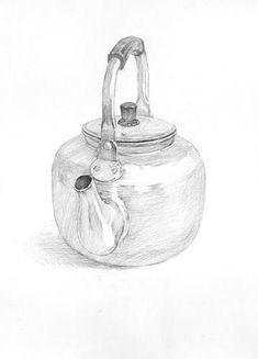 a drawing of a teapot with a handle on it's side and a bag hanging from the top