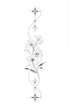 a black and white drawing of flowers with stars on it's side, in the middle