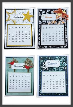 four different calendars with flowers and stars on them, each one has a date