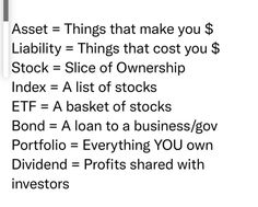 an advertisement with the words asset = things that make you $ labority = things that cost you $ stock = slice of ownership index = a list of stocks etf = a