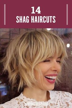 An old-school shag cut hits traditionally between the collarbone and chest, but face shape and hair texture should dictate your most flattering length instead. The bangs are still eyebrow-grazing and longer on the sides, and oodles of layers give the midsection major volume and body (but ask for softer layers that aren’t choppy!). #shaghairstyles #howtostyleshagbangs #shaghaircuts #modernshag #southernliving Short Modern Shag With Bangs, Short Shaggy Bob For Fine Hair, Bob To Shag Haircut, Bangs Chin Length Hair, Shag Bob For Fine Hair, Shaggy Bob With Bangs Choppy Hairstyles, Shag Bob Round Face, Short Choppy Hairstyle Women Fine Hair, Funky Mid Length Hairstyles