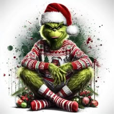 the grinch is sitting on the floor with his legs crossed and wearing christmas socks