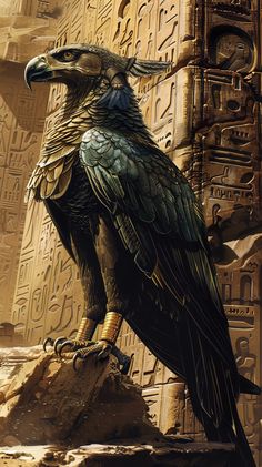 a large bird sitting on top of a rock next to an egyptian style wallpaper