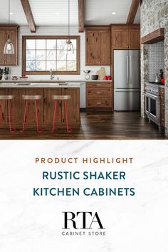 a kitchen with wooden cabinets and white marble counter tops is featured in an ad for rta cabinet store