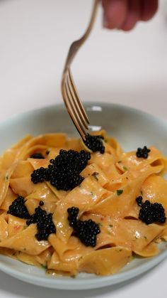 a person is holding a fork over a plate of pasta with black cauliflower