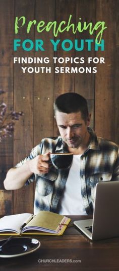 a man sitting at a table with a laptop and book in front of him that reads, rereaching for youth finding topics for youth commonss