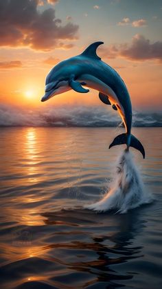 two dolphins jumping out of the water at sunset