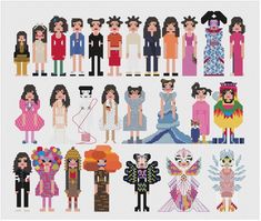 the cross stitch pattern for people with different outfits and hair styles, all in different colors