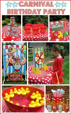 a carnival birthday party with red and white table cloths, yellow rubber ducky toys