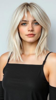 Layered Platinum Lob with Curtain Bangs, shoulder length haircut with fringe Haircut For More Volume, Platinum Lob, Shoulder Length Haircuts With Bangs, Lob With Curtain Bangs, Haircut With Fringe, Cute Shoulder Length Haircuts, Shoulder Length Haircut, Shoulder Length Haircuts, Perfect Bangs