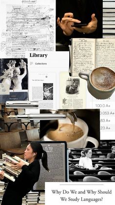 a collage of photos with coffee, books, and other things in the background