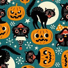 a group of cats and pumpkins on a blue background