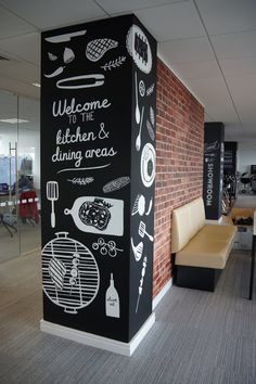 a chalkboard wall in an office with chairs and tables around it that says welcome to the kitchen & dining areas