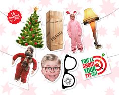 a collage of christmas items including a tree, eye glasses and a cardboard box