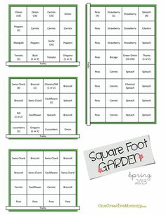 four square foot garden plans are shown in green and white, with the words square foot garden