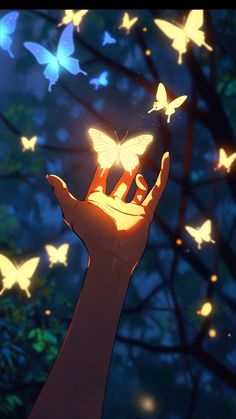 a hand holding a glowing butterfly in front of a forest filled with butterflies at night