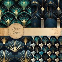 art deco wallpaper with gold and teal colors in the style of art deco