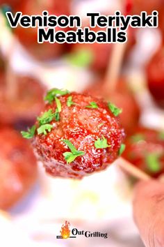 a person holding up a meatball with parsley on it and the words venison teriyaki meatballs