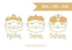 three cartoon faces with different beards and mustaches, one is wearing a crown