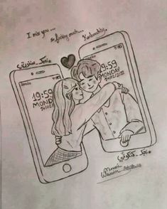 a drawing of two people hugging in front of an iphone